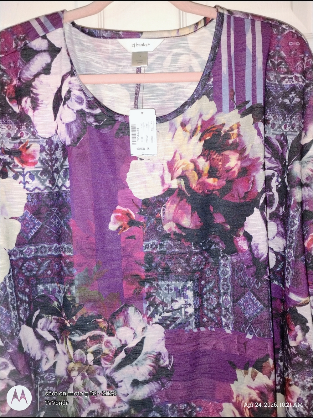 CJ Banks Purple Patchwork Floral Scoop Neck Top PTP 26"